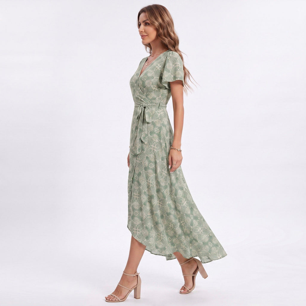 Floral Print Wrap Maxi Dress with V Neck Short Flutter Sleeves Tie Waist and Front Slit