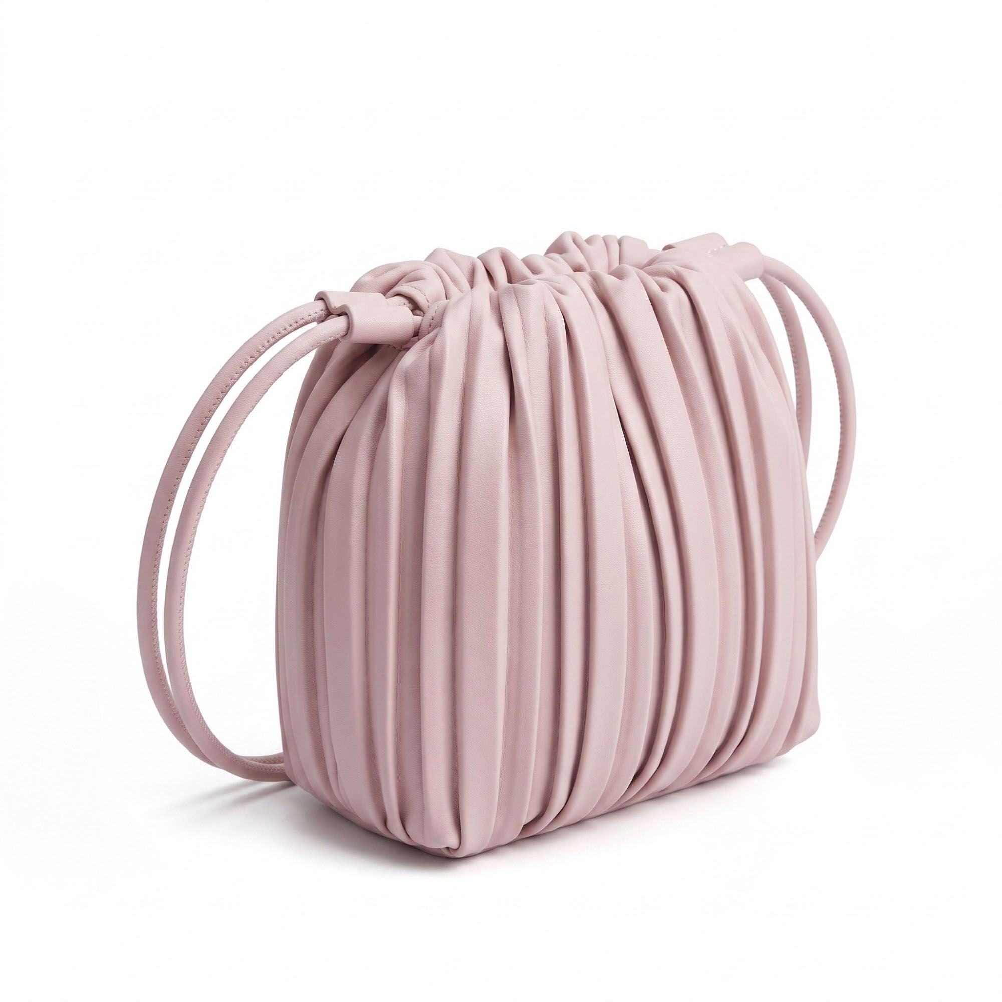 Pleated Crossbody Bucket Bag with Long Shoulder Strap and Gathered Top 7.5x8.5x3.5in