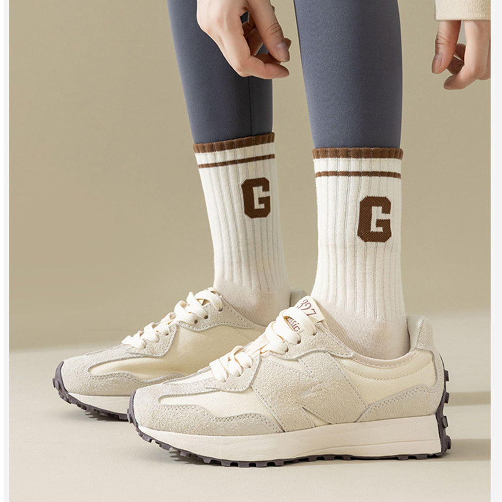 Anna-Kaci Women's 4-Pair Pack Ribbed Cotton Crew Socks with Striped Cuffs and G Letter Detail in Neutral Athletic Color Combinations