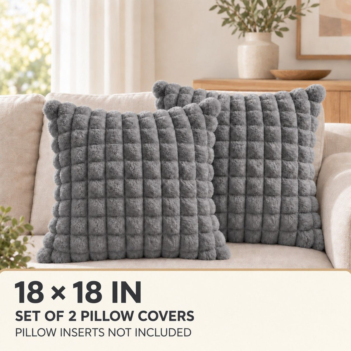 2 Pack Plush Faux Fur Bubble Grid Throw Pillow Covers 18 x 18 Inch for Couch and Bed