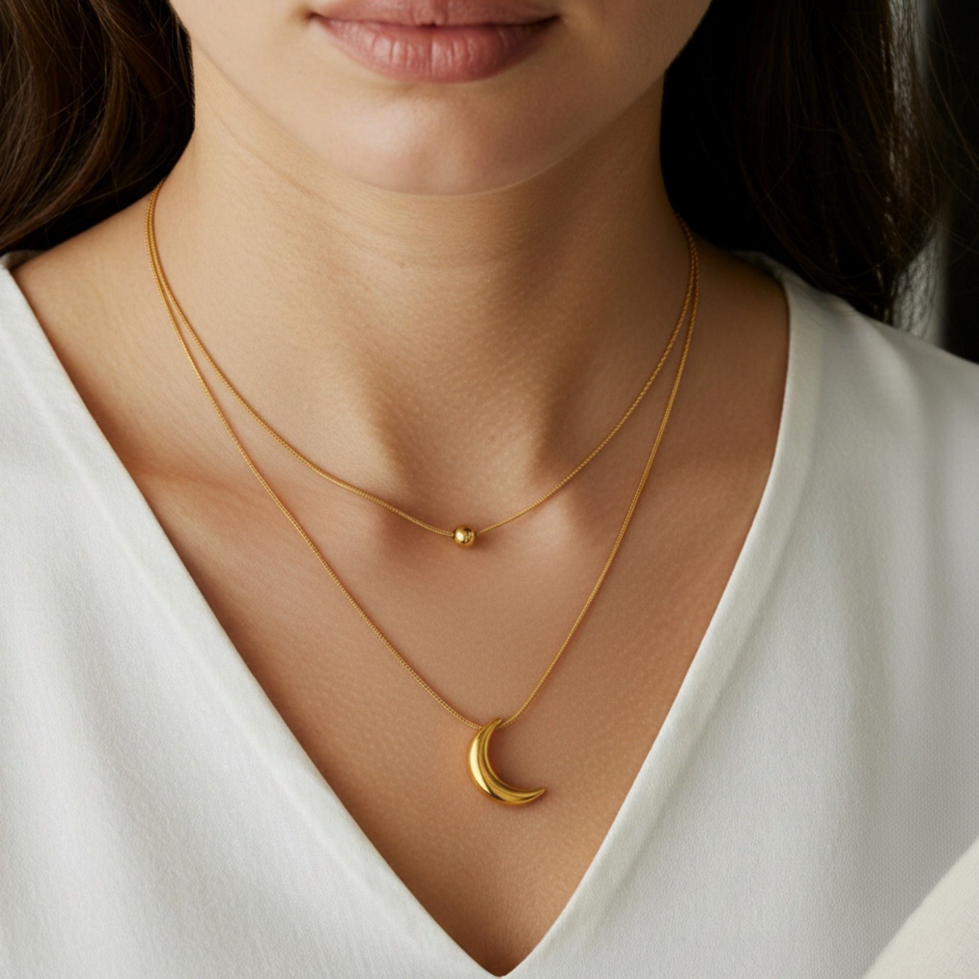Layered Necklace Set with Minimalist Bead Charm and Sculpted Crescent Moon Pendant for a Delicate Refined Everyday Statement