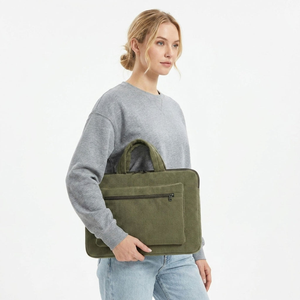 Corduroy Laptop Bag Large Capacity Work Tote with Front Zipper Pocket