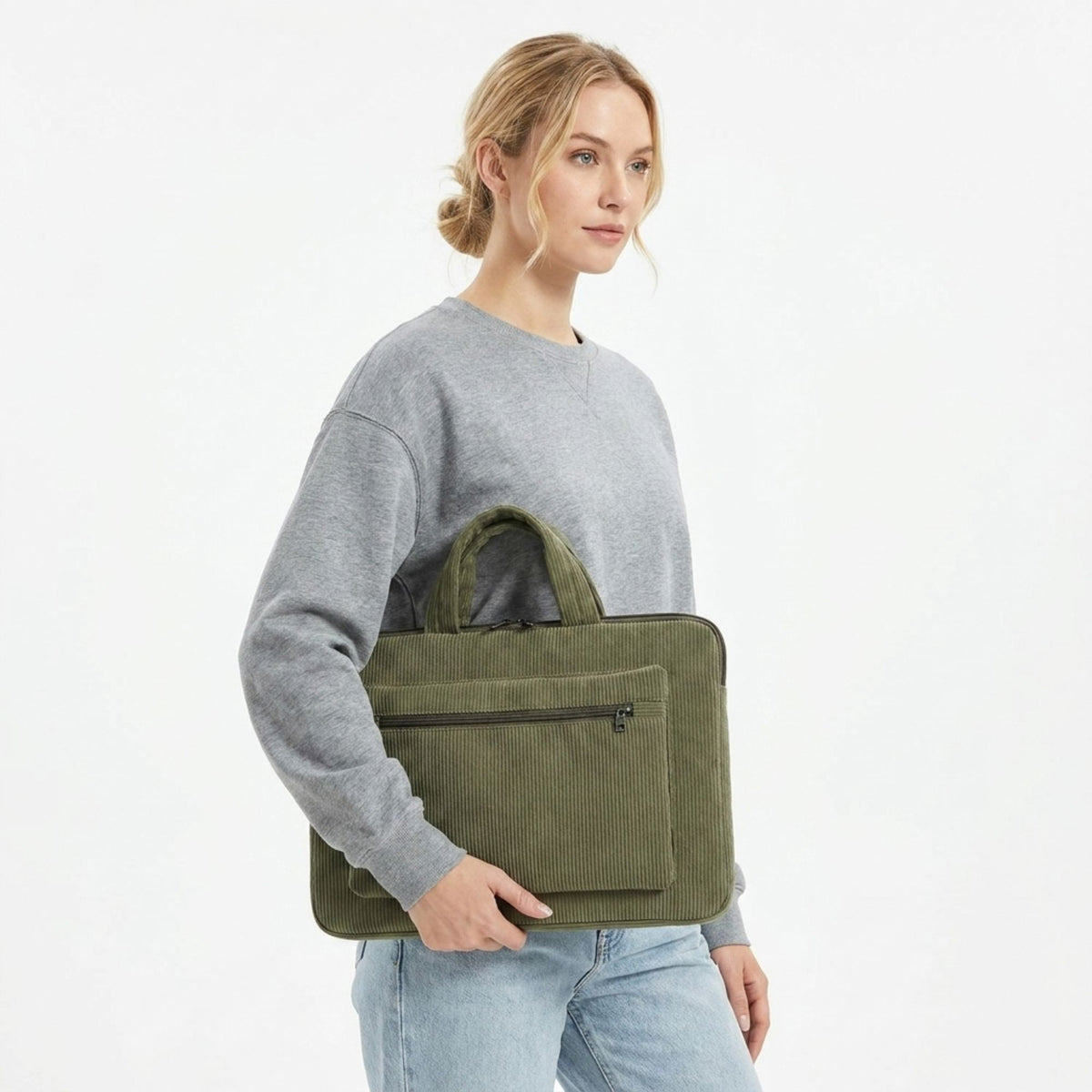 Corduroy Laptop Bag Large Capacity Work Tote with Front Zipper Pocket
