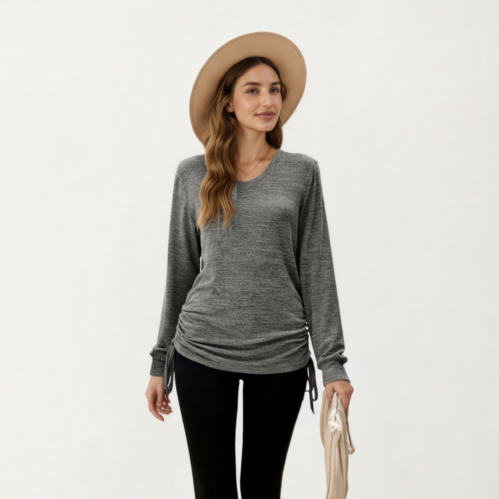 Anna-Kaci Women's Long Sleeve V-Neck Top with Side Drawstring Ruched Hem