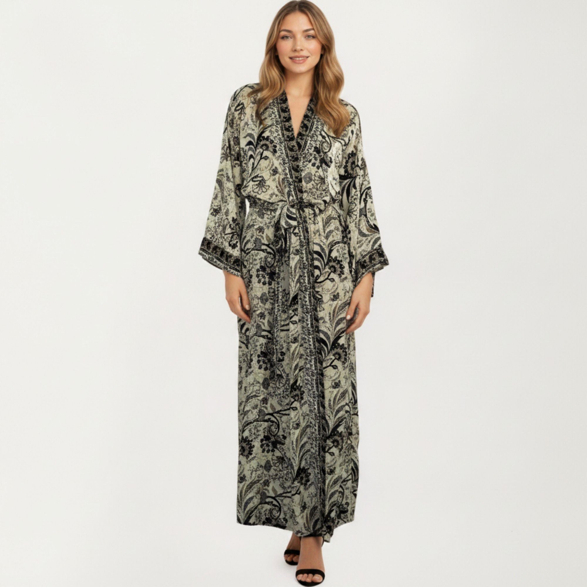 Anna-Kaci Women's Floral Paisley Maxi Dress with Long Sleeves Adjustable Waist Tie and Flowing Relaxed Fit
