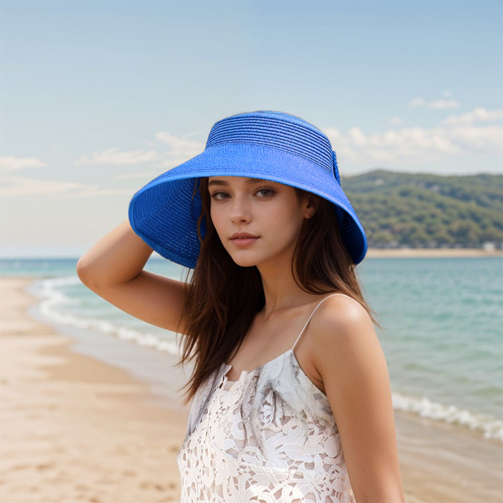 Anna-Kaci Women's Wide Brim Visor Hat with Bow Detail Adjustable Velcro Closure for Beach or Outdoor Protection