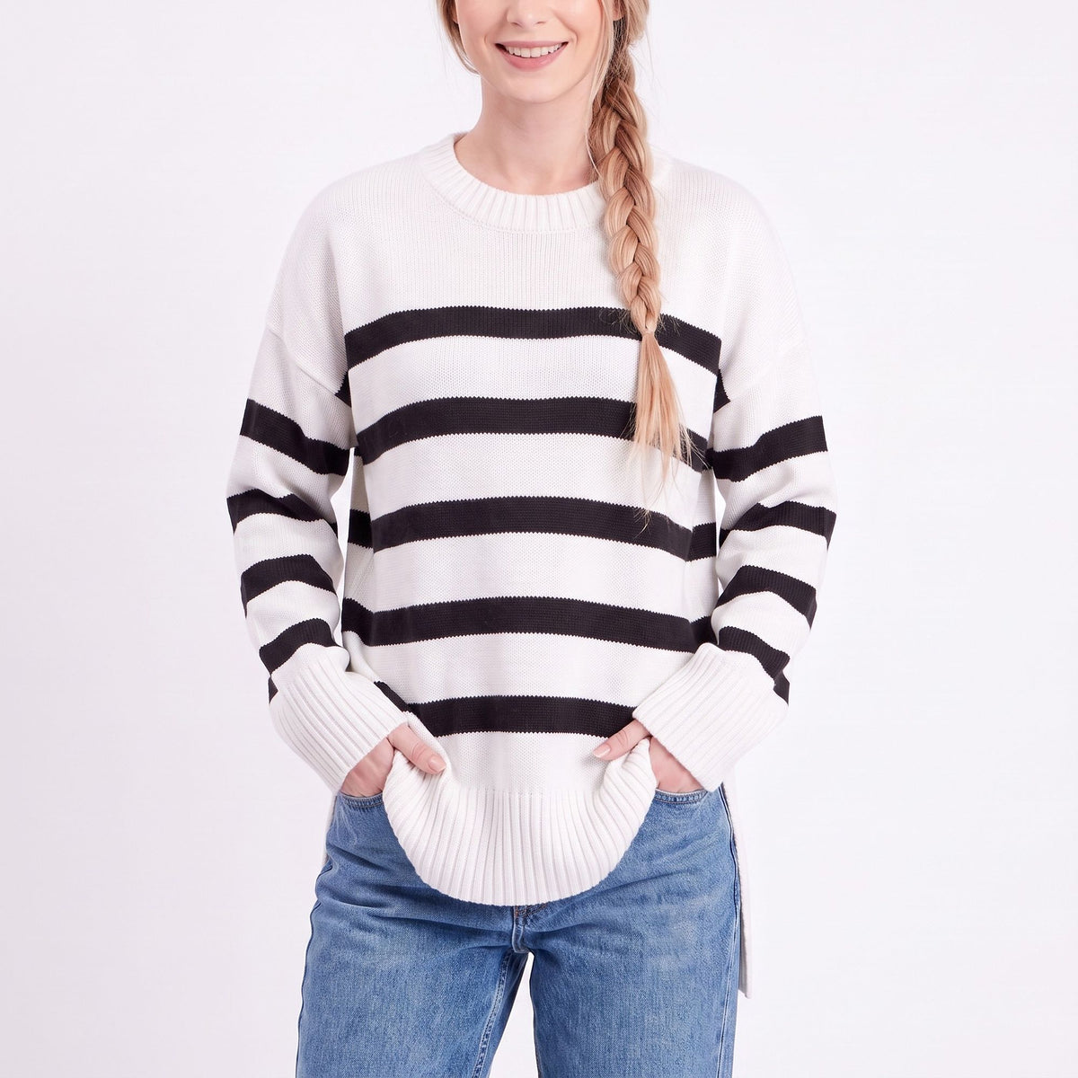 Oversized Striped Crewneck Side Slit Tunic Sweater