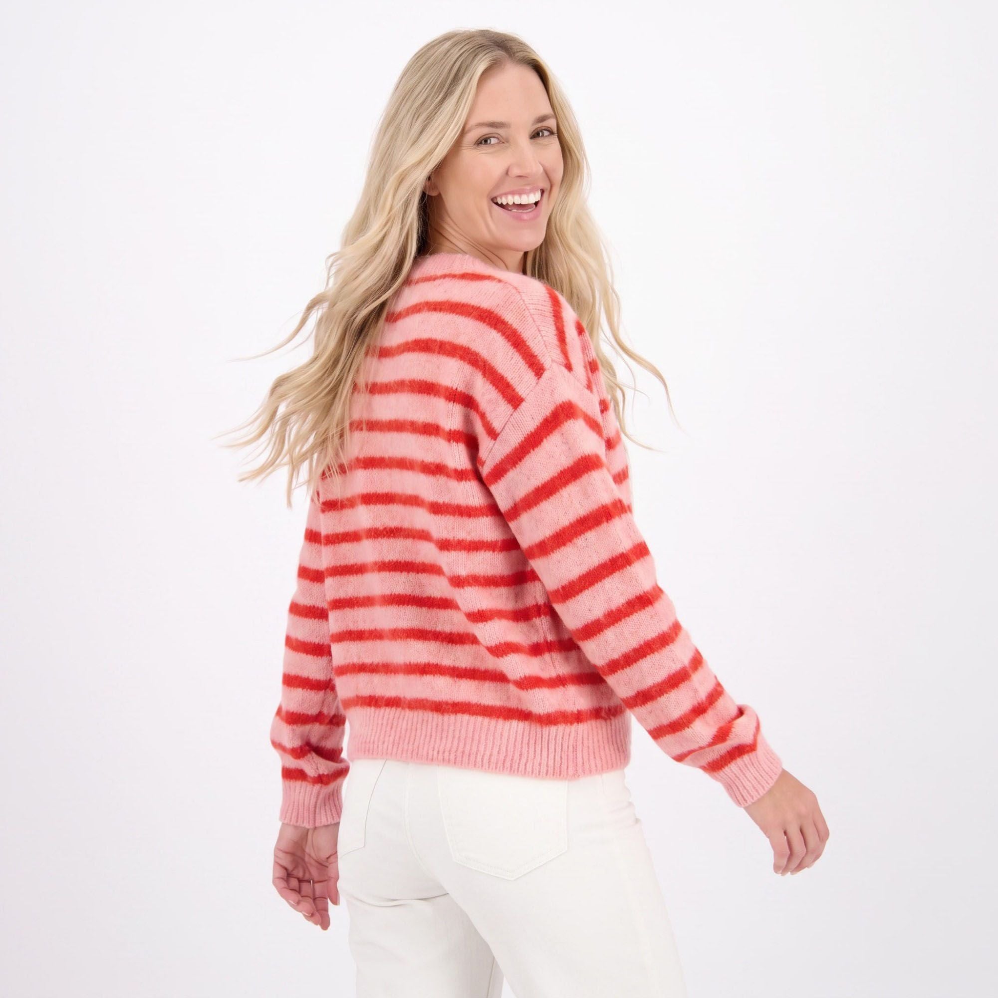 Striped Button-Front Crew Neck Knit Cardigan