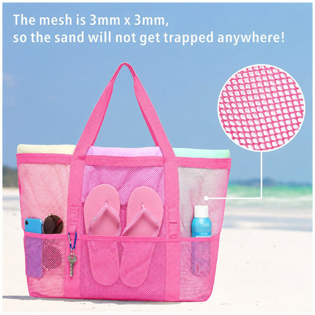 Mesh Beach Tote Bag Large Capacity Travel Shoulder Bag with Exterior Pockets Zipper Top Organizer