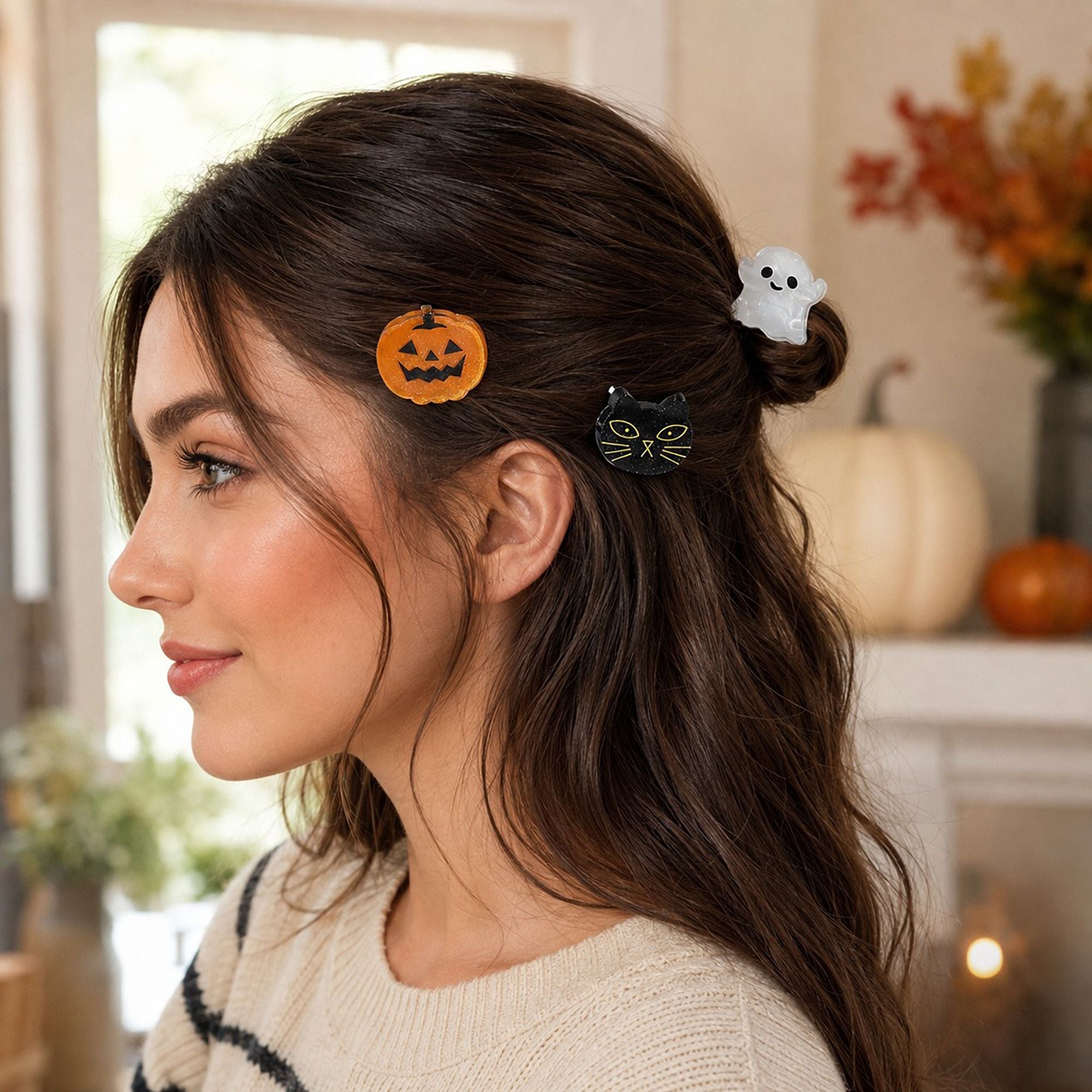6pc Halloween Hair Clip Set with Pumpkin Ghost Bat and Spider Designs