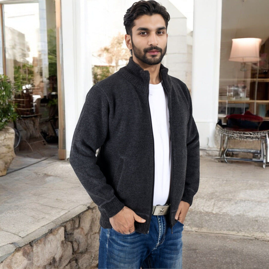 Anna-Kaci Men's Zip-Up Ribbed Knit Cardigan Sweater with Stand Collar