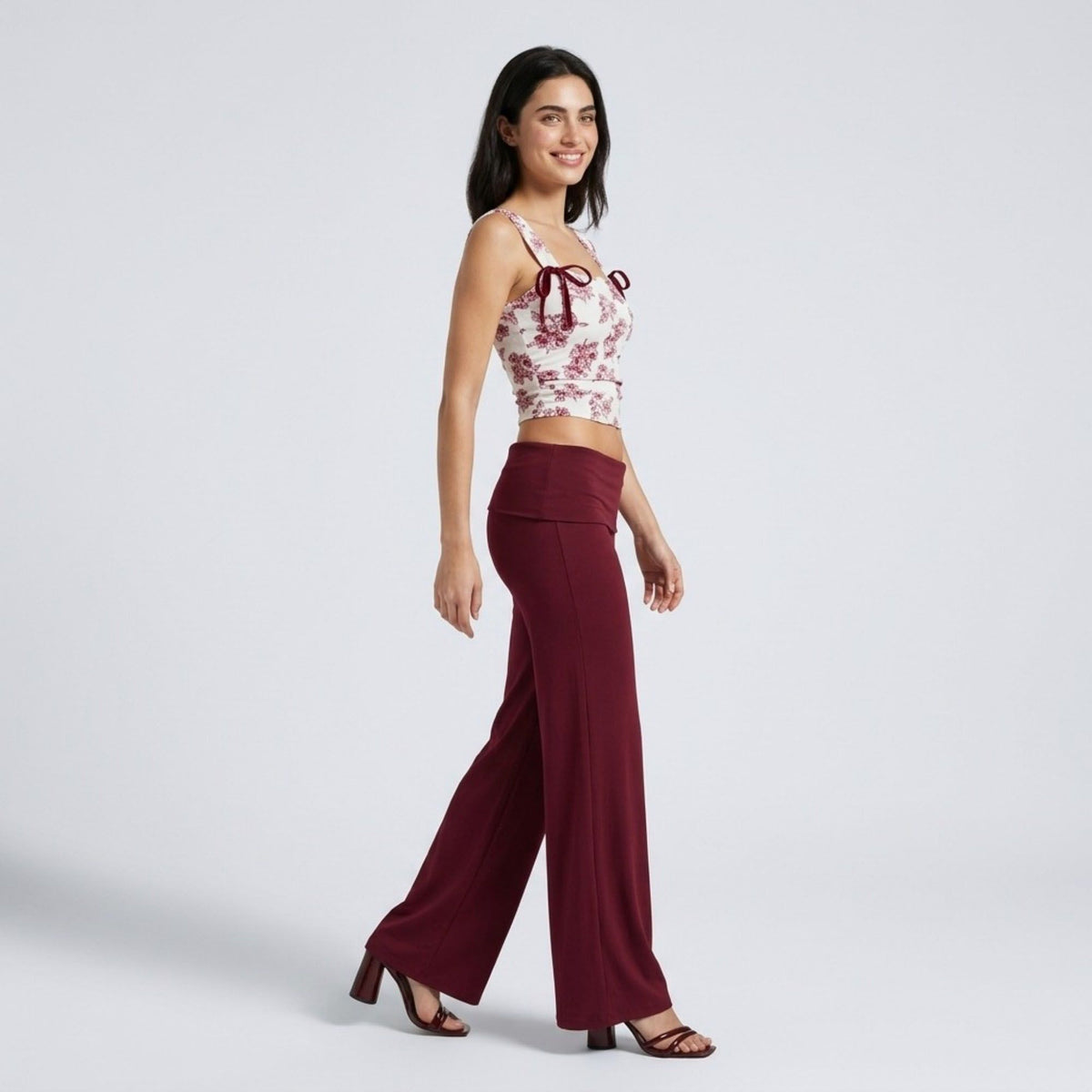 Foldover Waistband Full-Length Wide-Leg Trousers