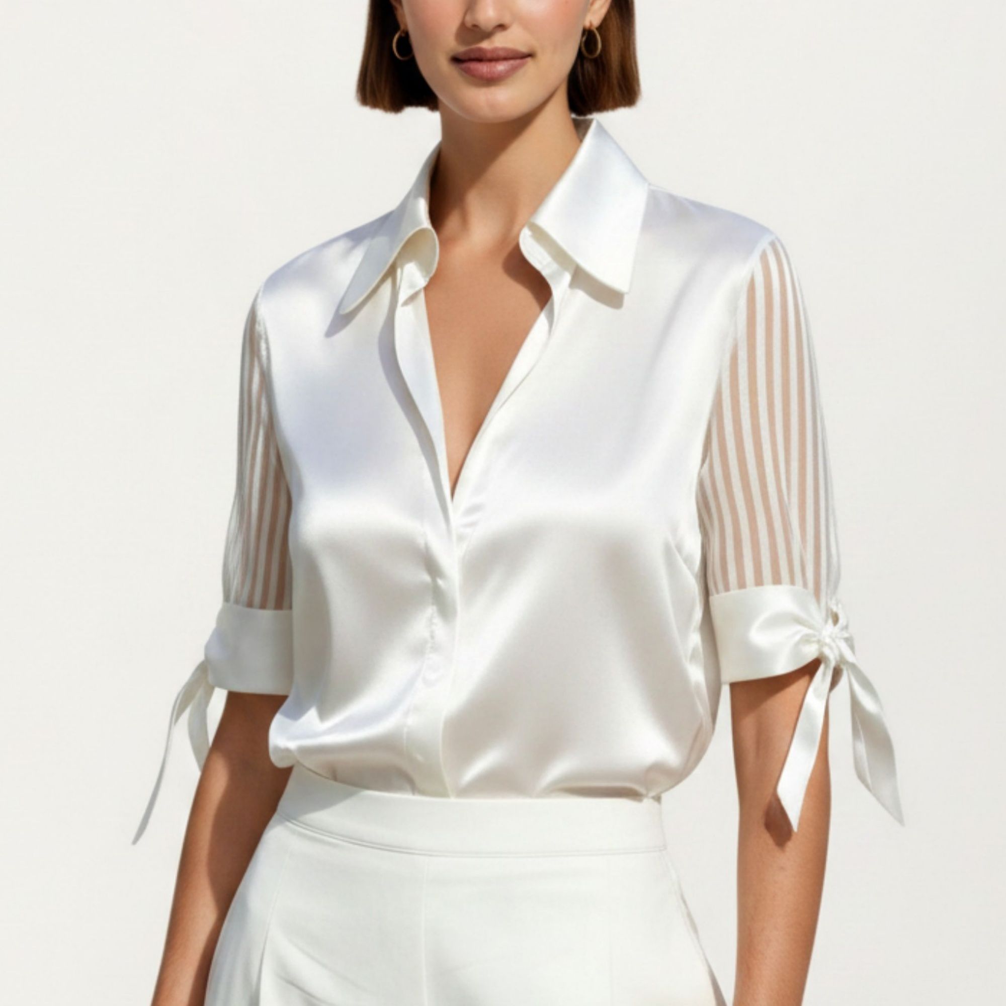 Anna-Kaci Women's Satin Collared Blouse with Sheer Stripe Sleeves and Bow Tie Cuffs