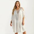 Anna-Kaci Women's Crochet V Neck Swim Cover Up Dress with Cold Shoulder Sleeves and Relaxed Fit