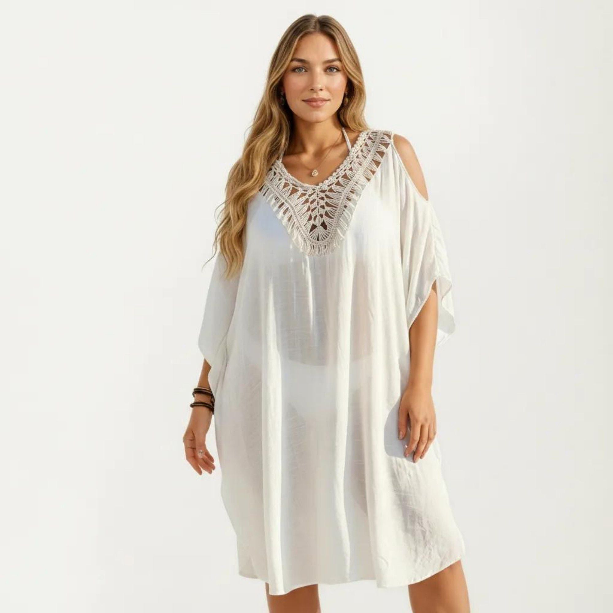 Anna-Kaci Women's Crochet V Neck Swim Cover Up Dress with Cold Shoulder Sleeves and Relaxed Fit