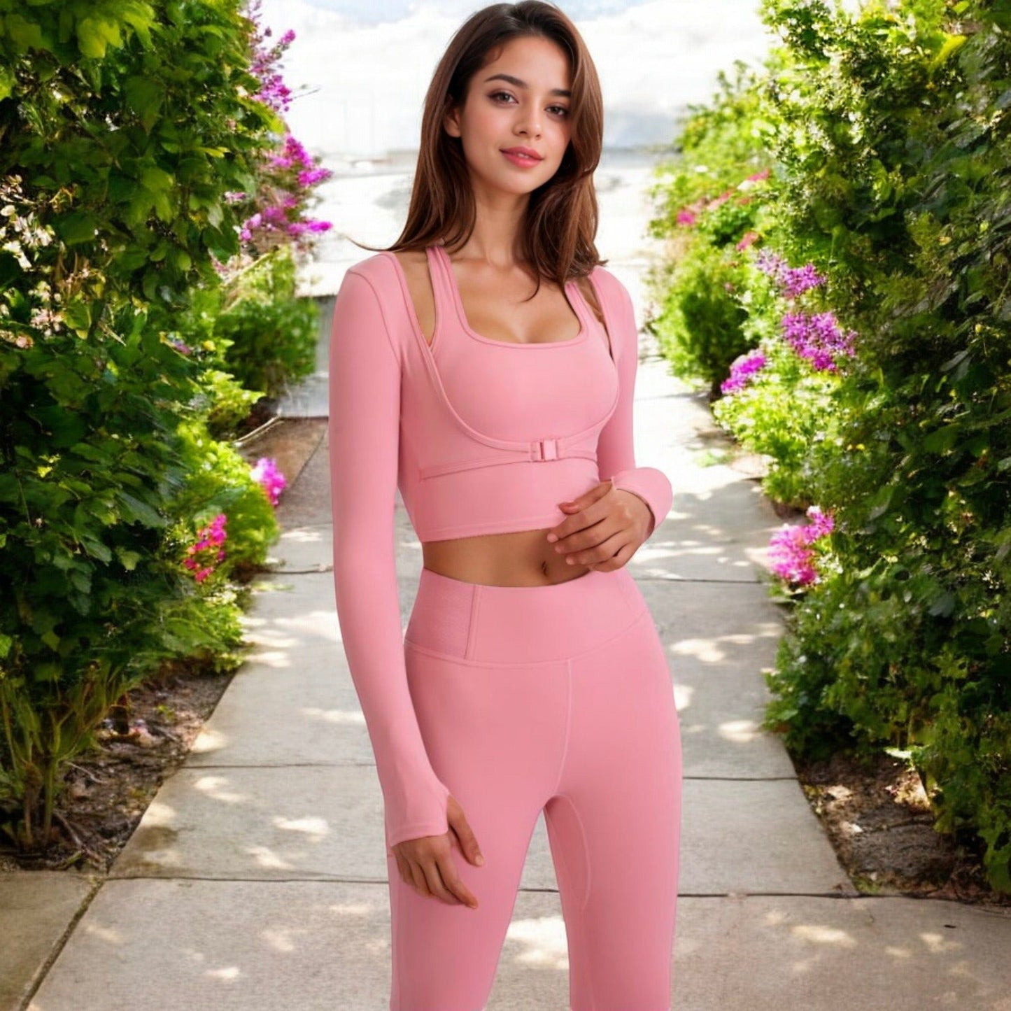 Long Sleeve Cropped Sports Top with Buckle Detail