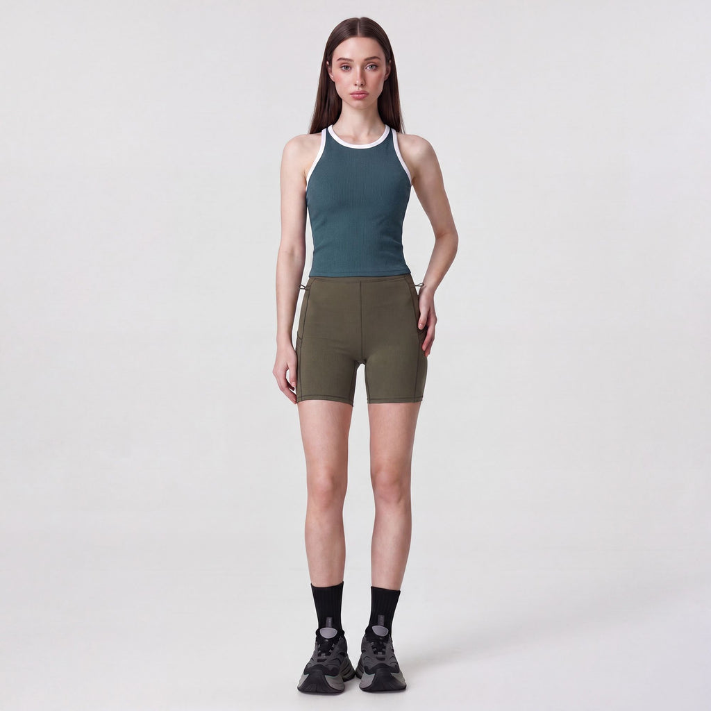 High Waist Ribbed Biker Shorts with Side Pocket and Adjustable Drawcord Detail