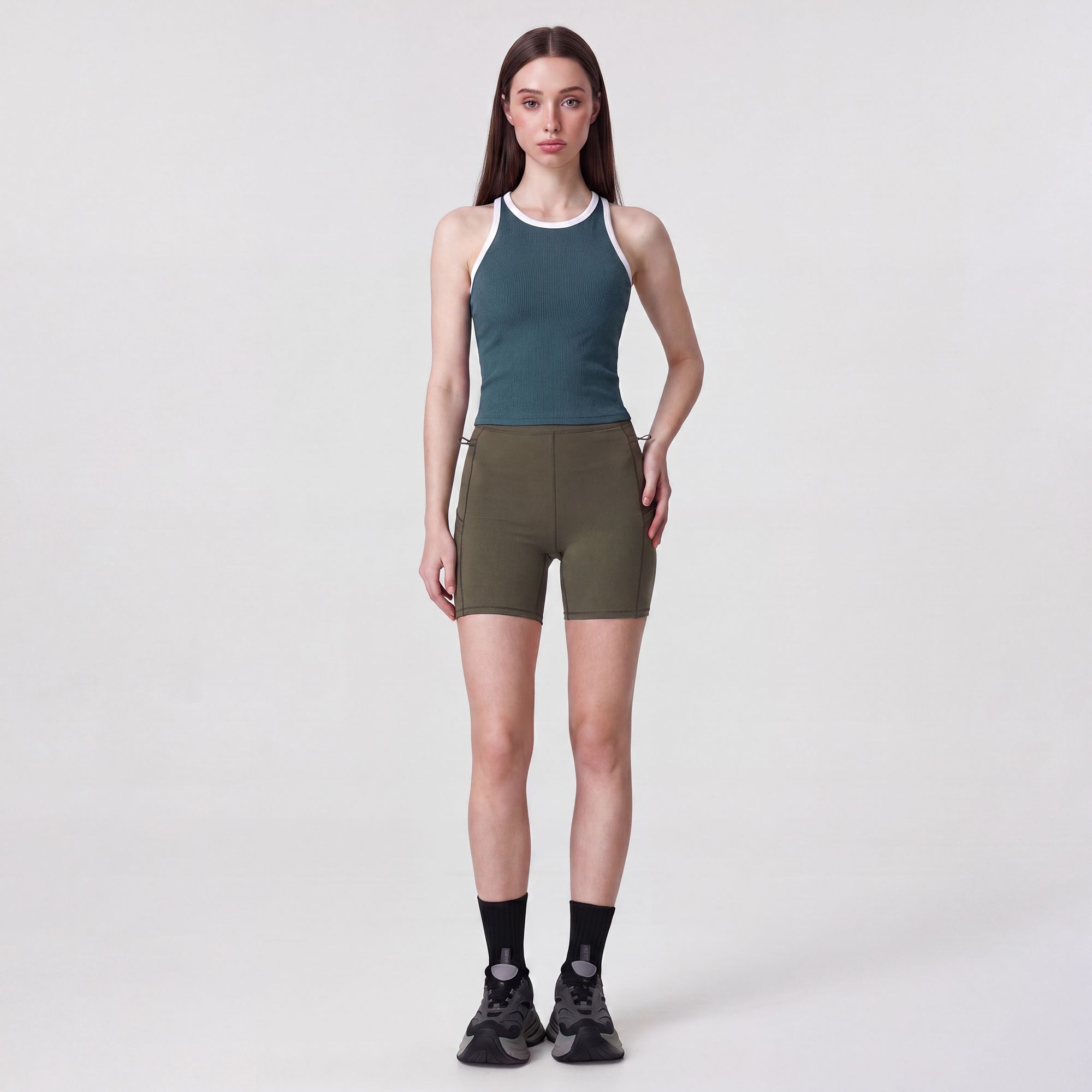 High Waist Ribbed Biker Shorts with Side Pocket and Adjustable Drawcord Detail