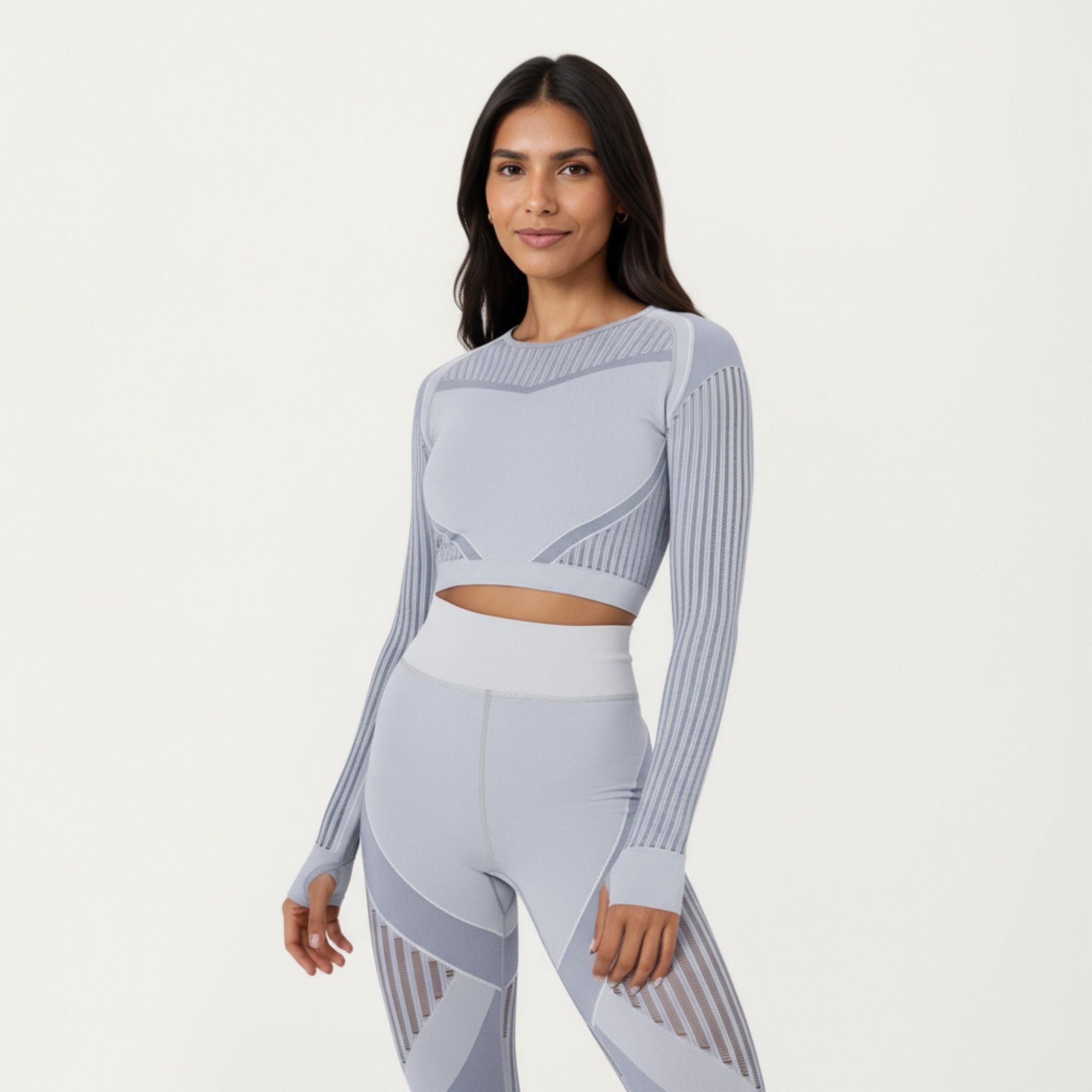 Anna-Kaci Active Women's Long Sleeve Seamless Crop Top with Ribbed Texture and Contour Panels