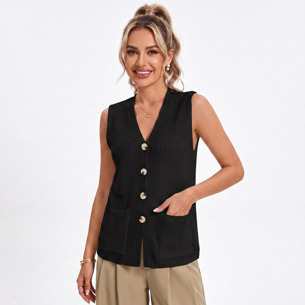 Anna-Kaci Women's Button Front Sweater Vest V Neck Sleeveless Knit Pocket Top