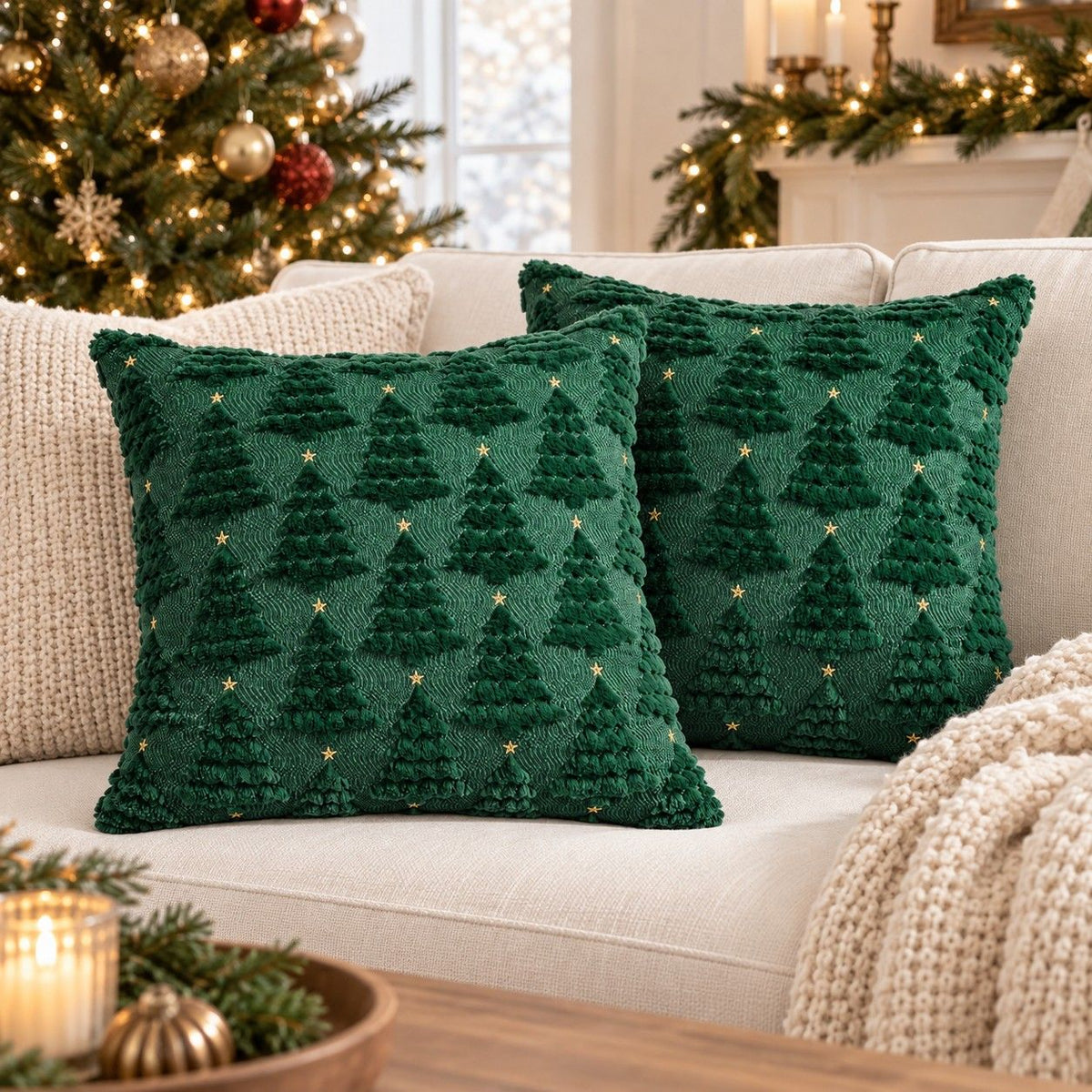 2 Pack Plush Textured Christmas Tree Throw Pillow Covers 18 x 18 Inch Holiday Decor