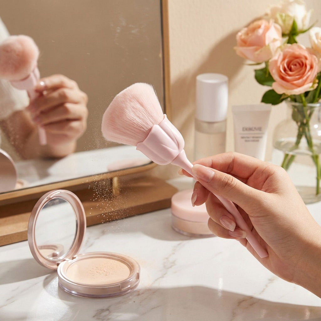 Flower-Shaped Face Powder Brush with Soft Synthetic Bristles and Curved Stem Handle