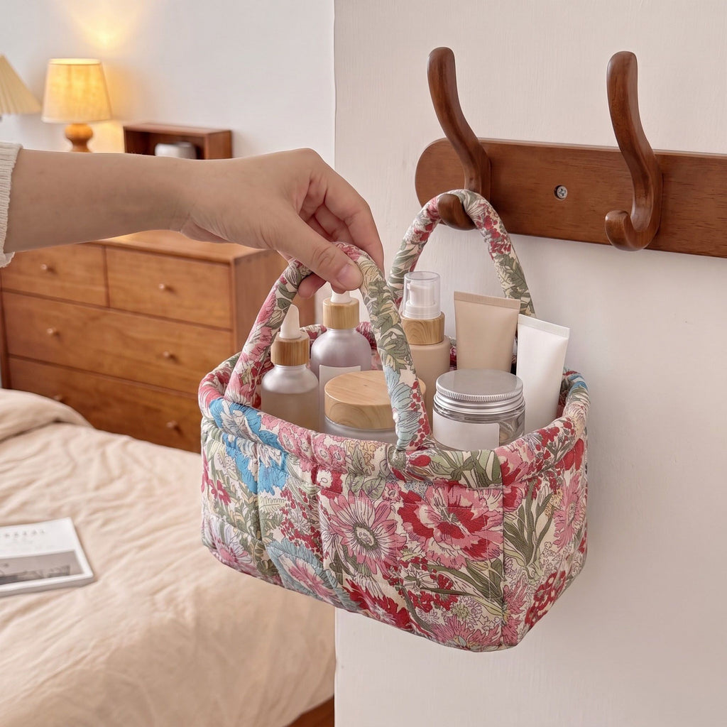 Floral Print Quilted Organizer Tote Bag with Multiple Pockets and Carry Handles