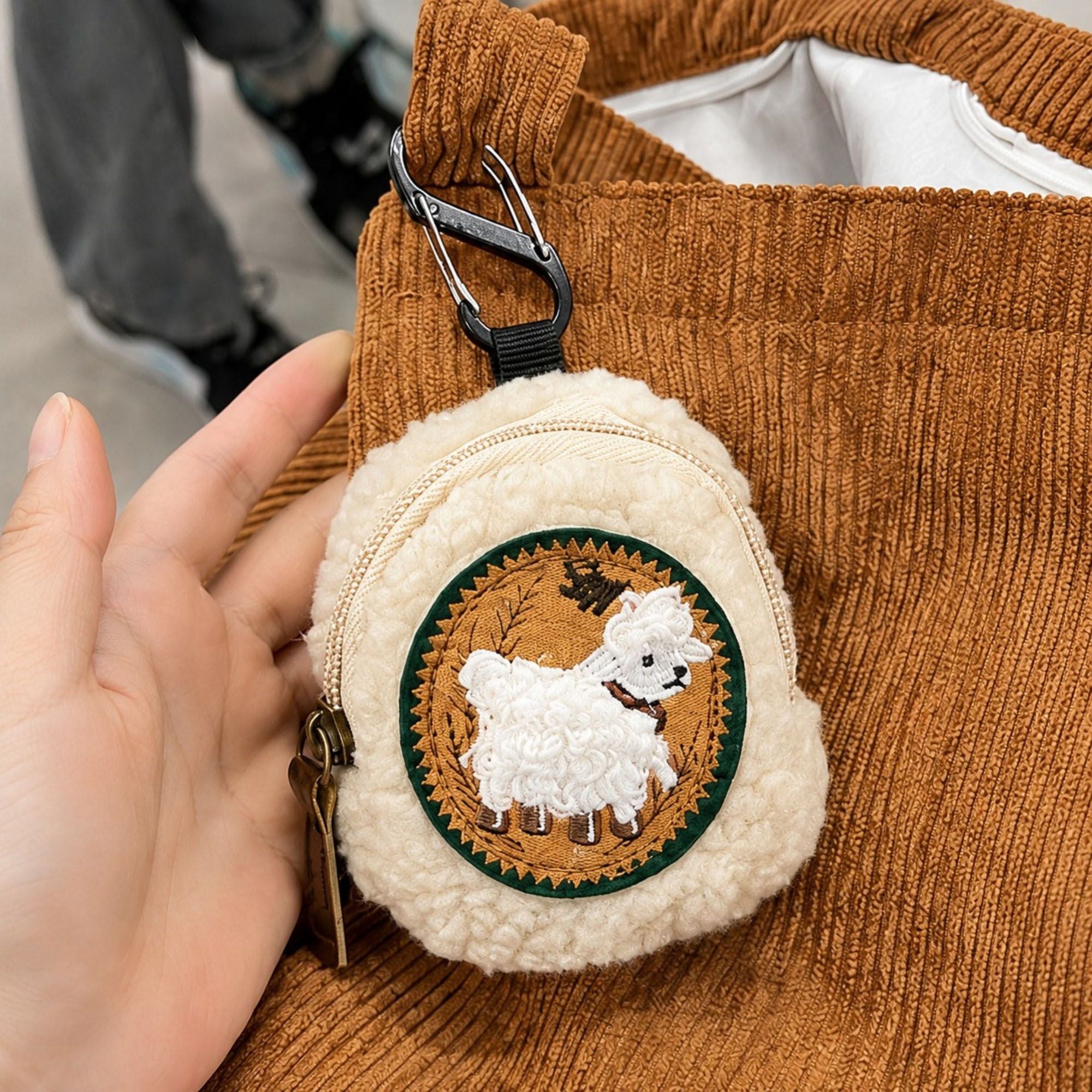 Plush Lamb Mini Coin Purse Keychain with Zipper Closure, Embroidered Patch and Clip-On Earbud Storage Pouch