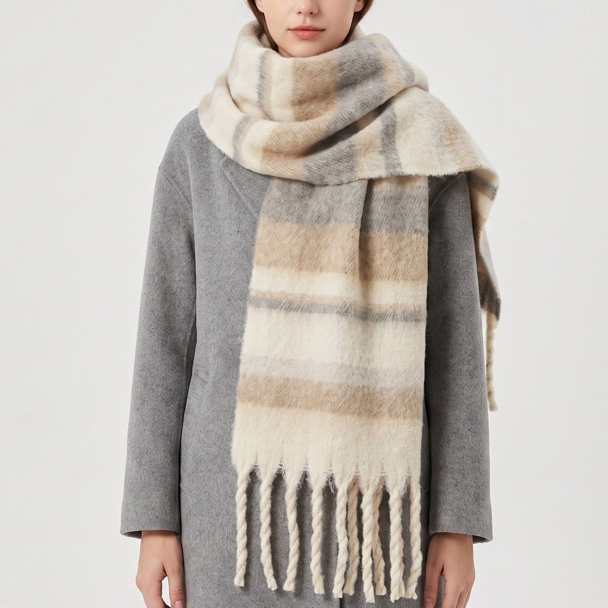 Oversized Plaid Scarf with Fringe Soft Brushed Winter Wrap