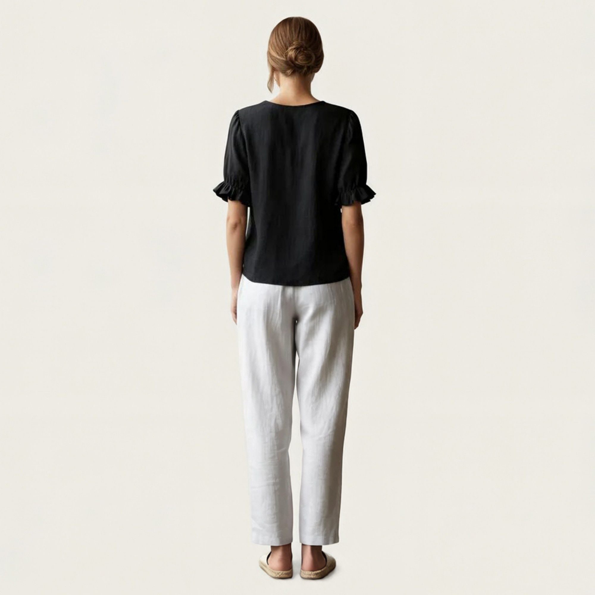Anna-Kaci Women's Ruffle Neck Blouse with Short Puff Sleeves and Textured Linen-Like Fabric