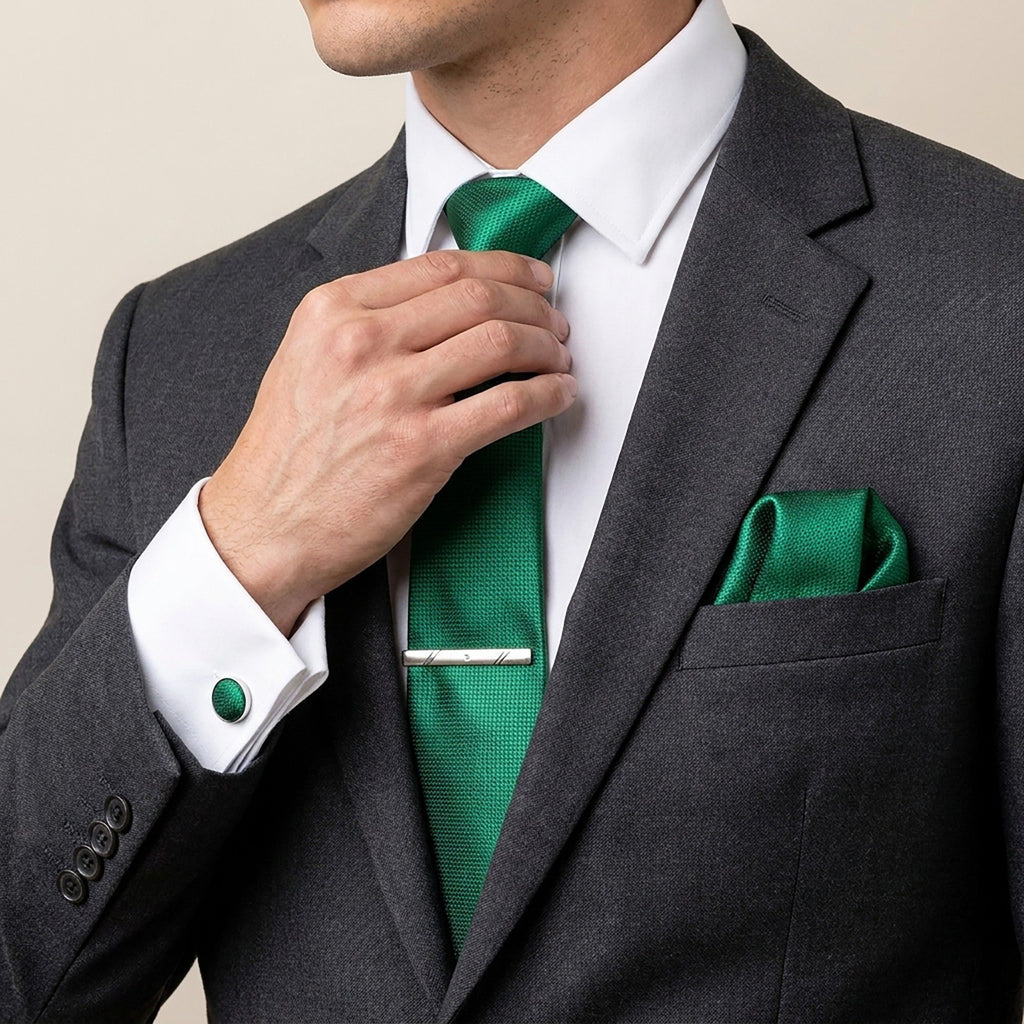 Men's Textured Solid Color Tie Gift Set with Matching Pocket Square Cufflinks and Silver Tie Clip