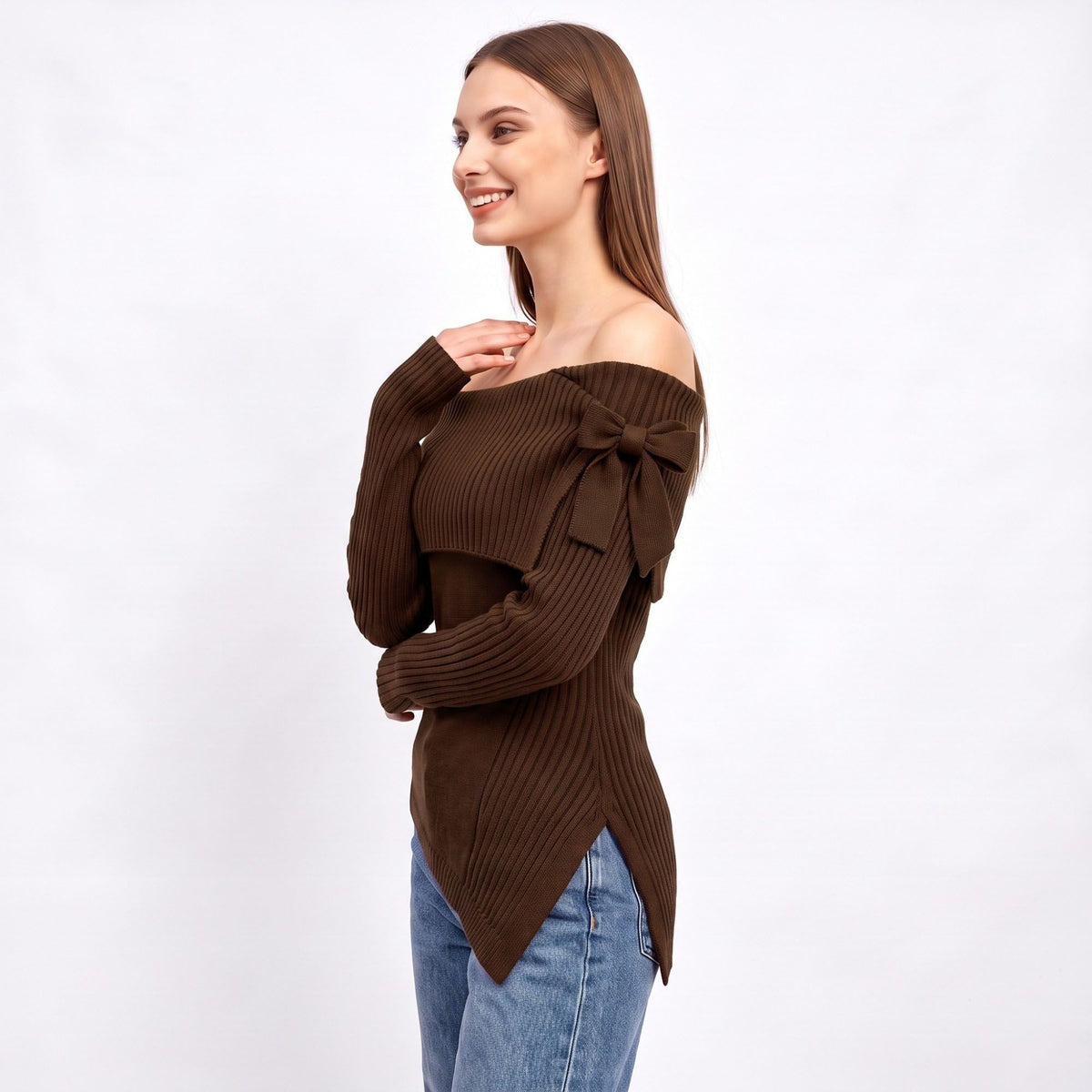 Off Shoulder Bow Asymmetrical Knit Sweater