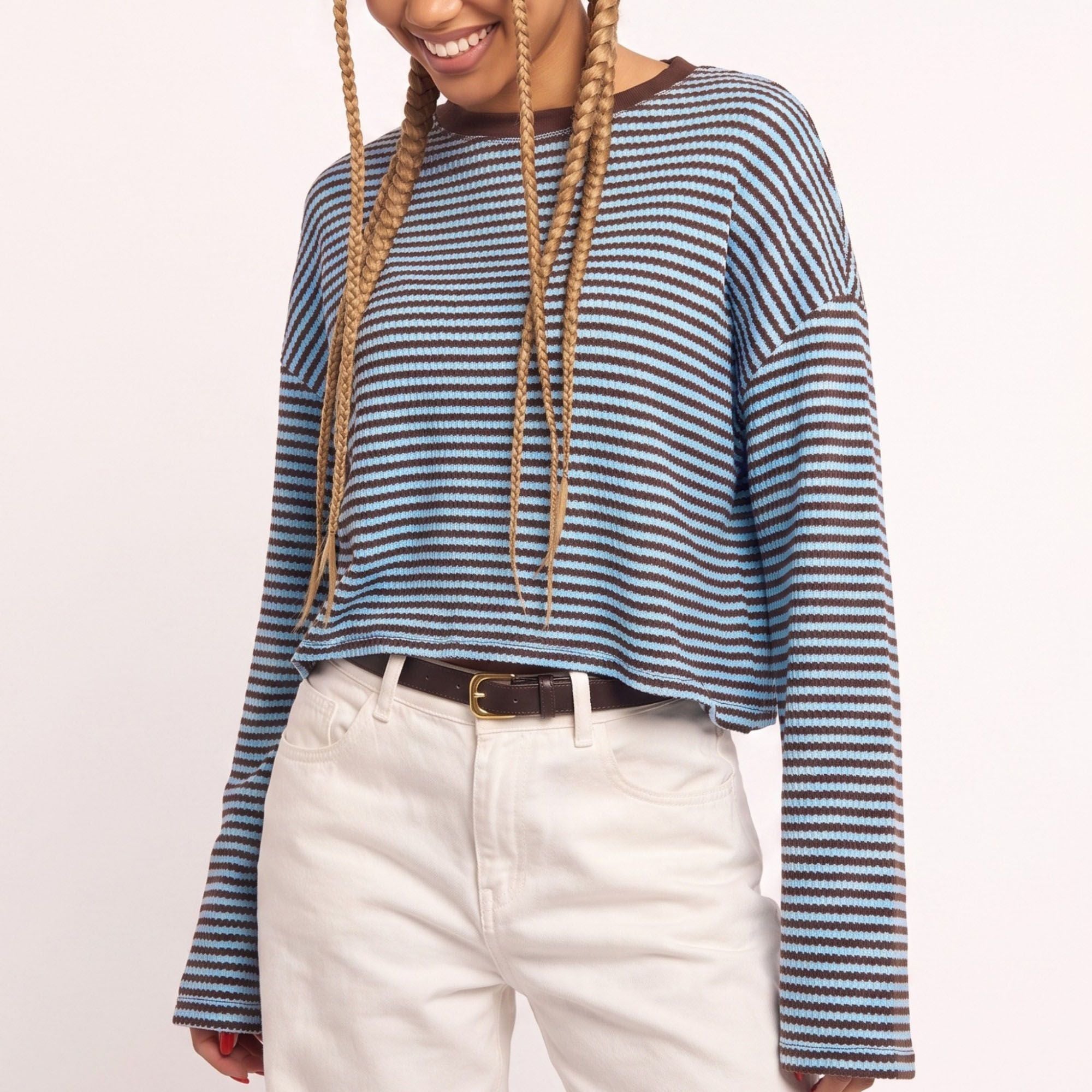 Striped Textured Knit Drop Shoulder Cropped Sweater