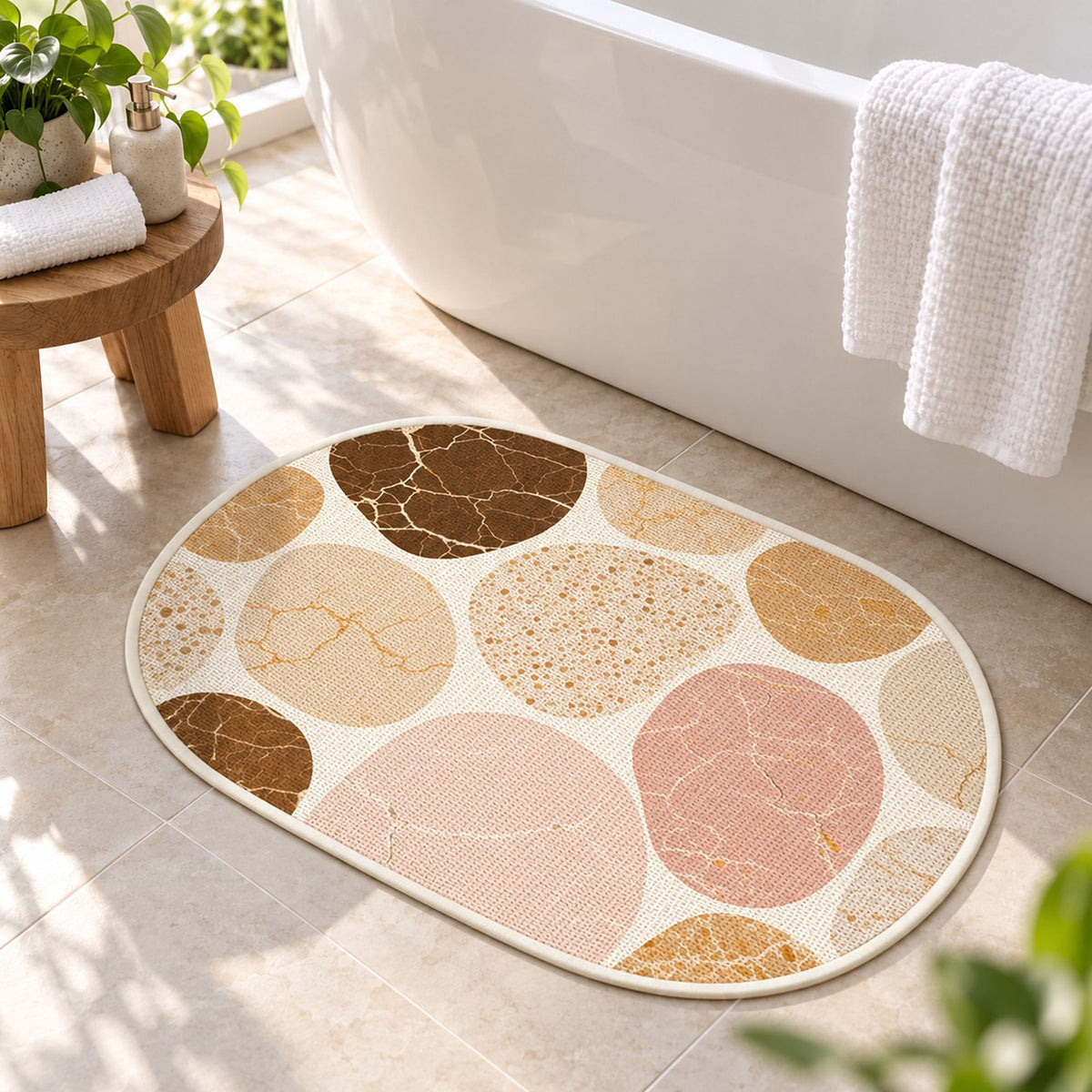 Oval Absorbent Bath Mat with Abstract Stone Print