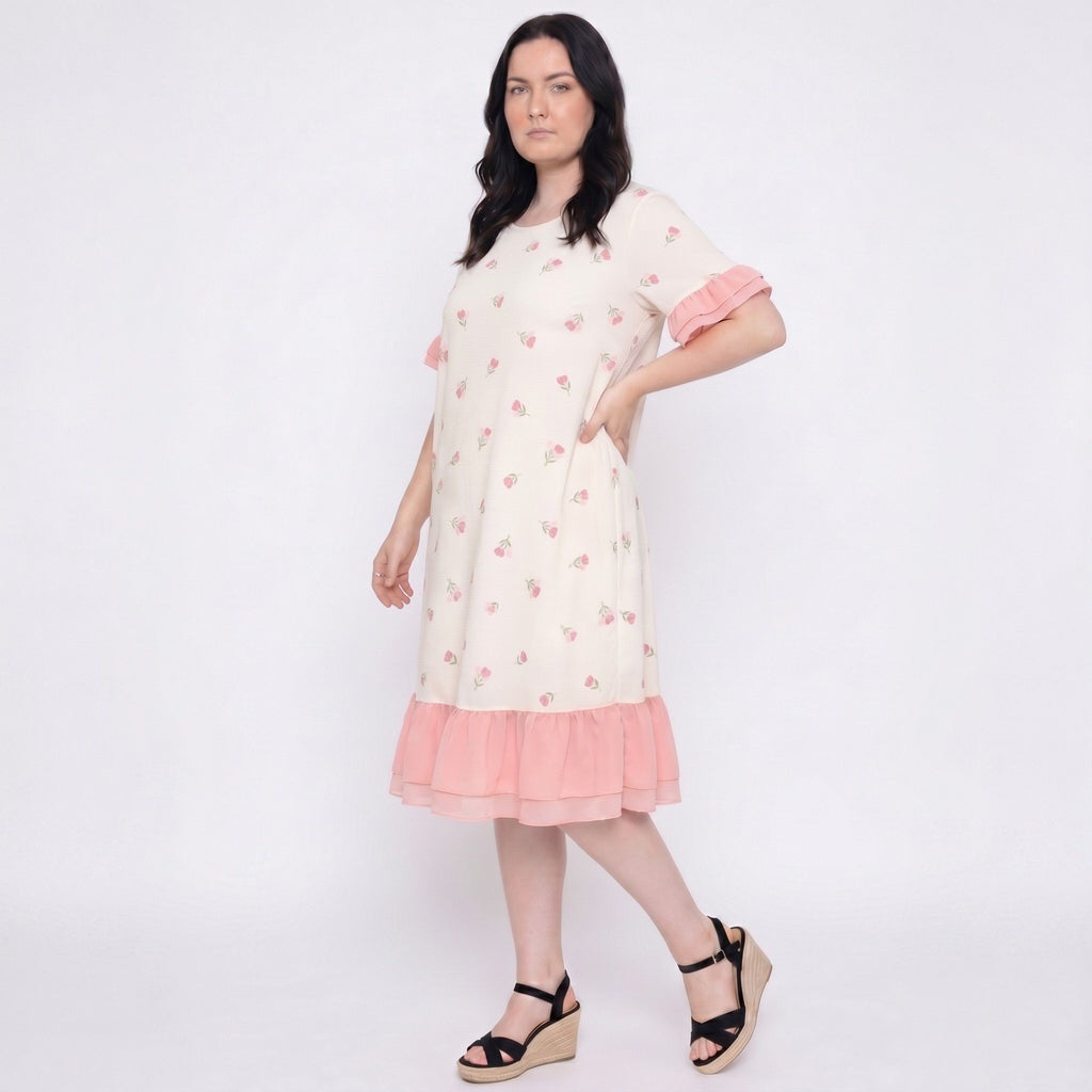 Short Sleeve Floral Midi Nightgown Ruffle Trim Relaxed Sleep Dress