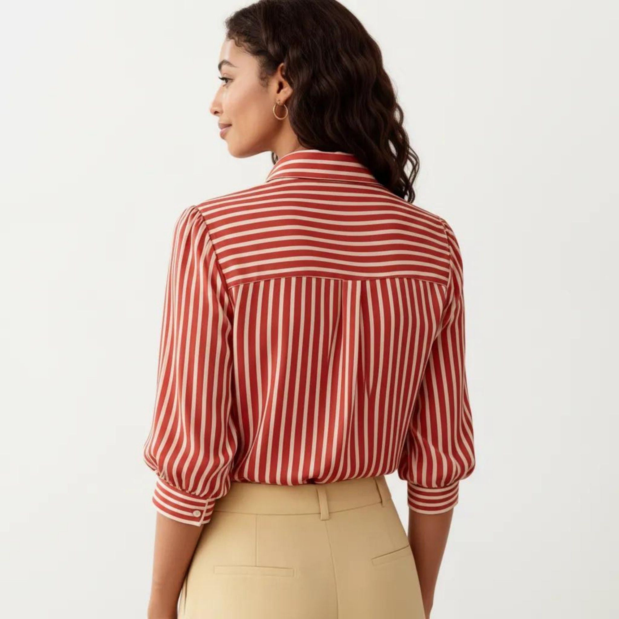 Anna-Kaci Women's Striped Button Down Blouse with Collared Neckline and Puff Sleeves