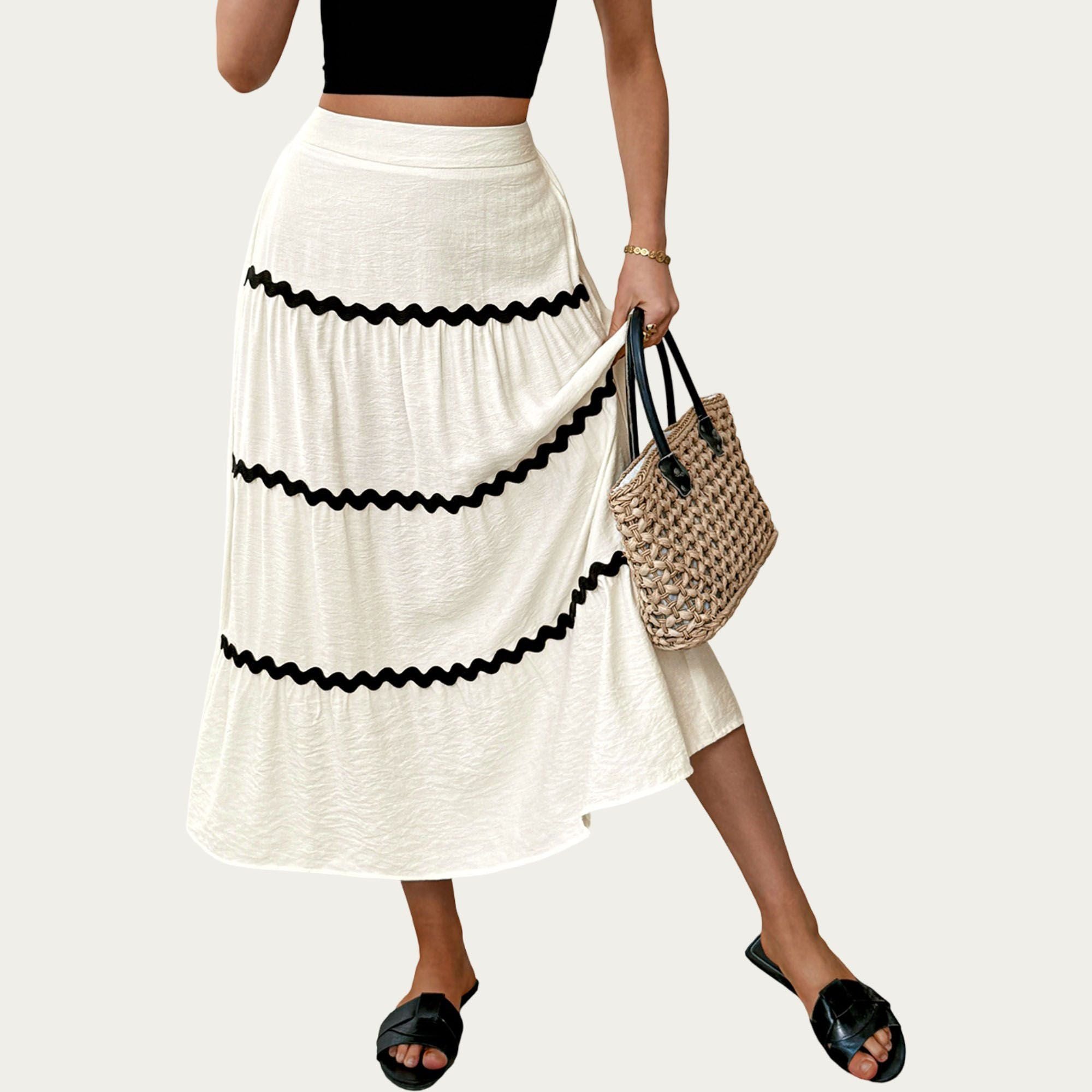 Anna-Kaci Women's High Waist Tiered Midi Skirt with Wavy Trim Detail Flowy A-Line Silhouette Lightweight Fabric
