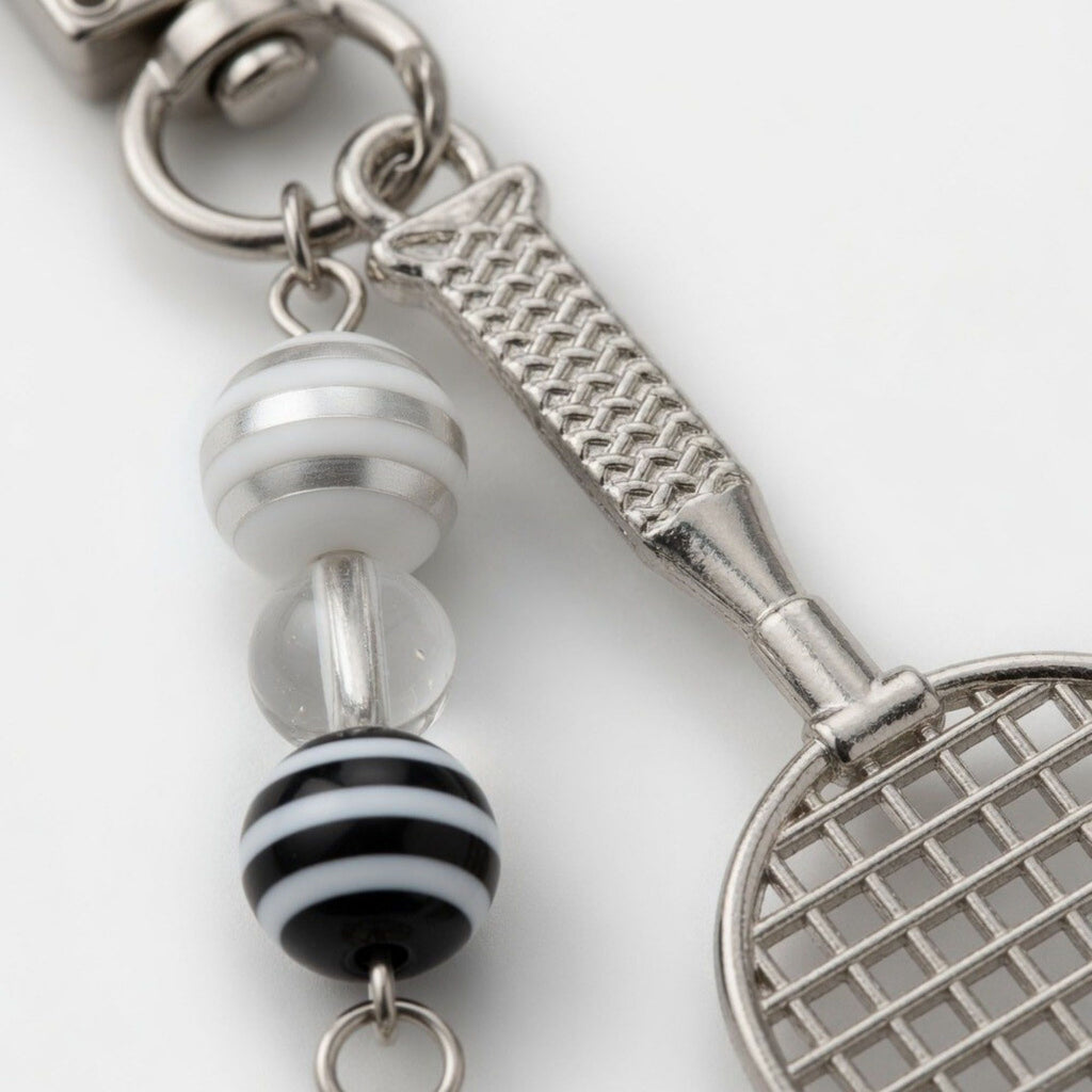Badminton Racket Keychain with Shuttlecock Charm Beaded Detail Metal Key Ring