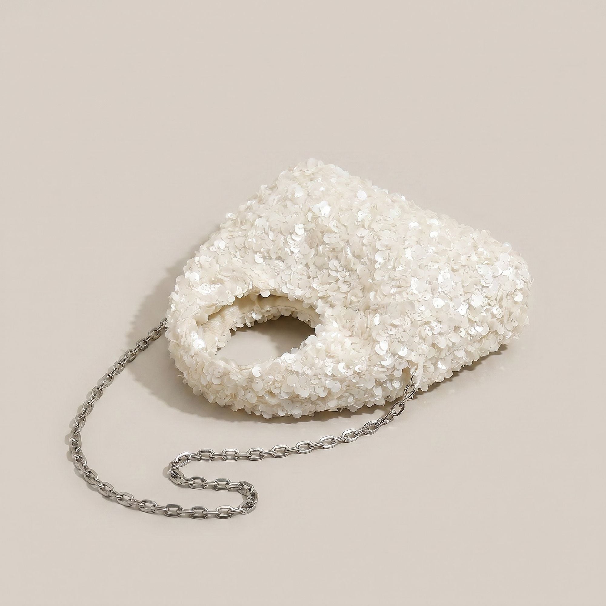 Sequin Top Handle Mini Bag with Round Cutout Handle and Chain Strap