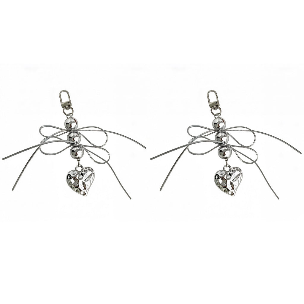 2 Pack Heart Charm Keychain with Bow Accent Bead Detail Clip and Key Ring Bag Accessory