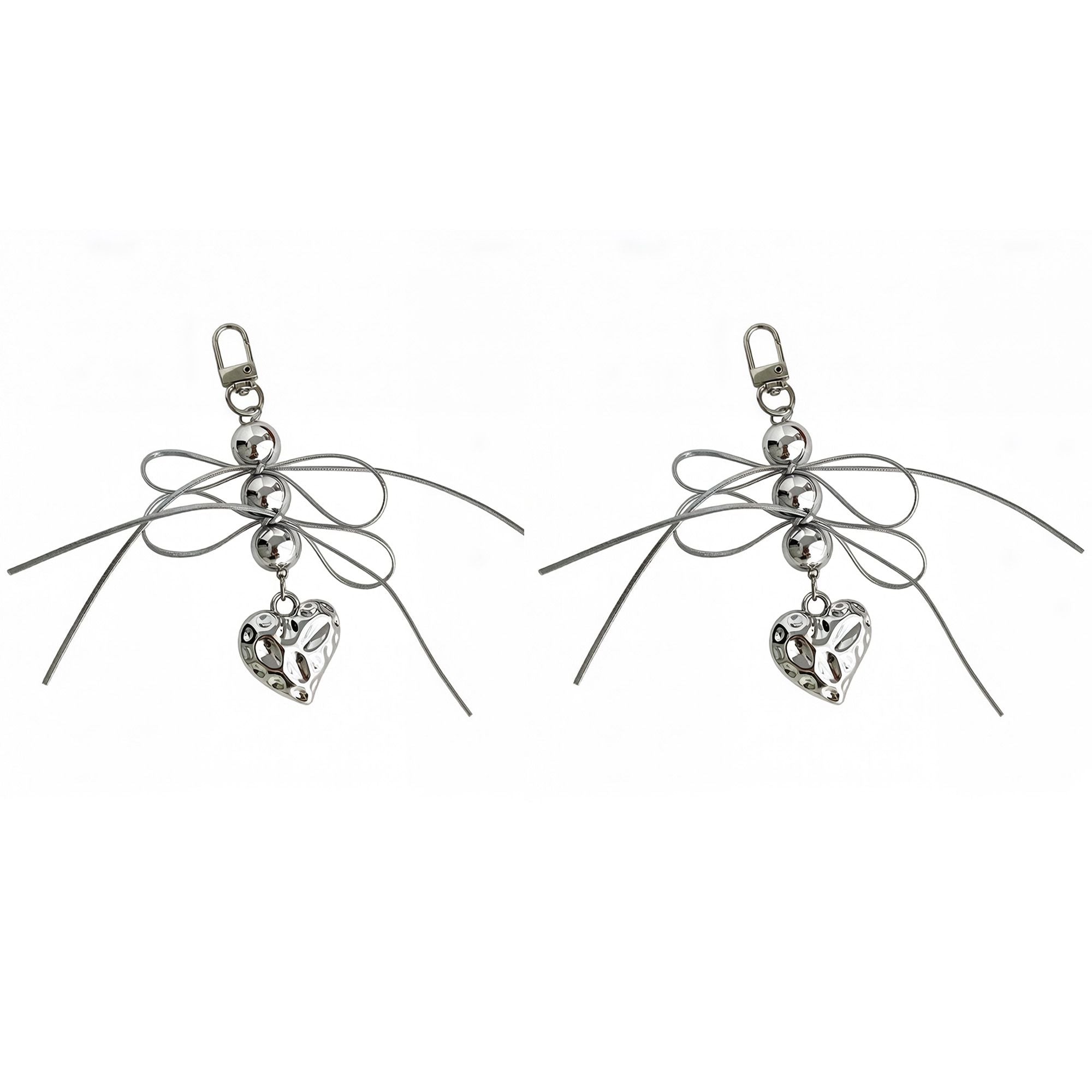 2 Pack Heart Charm Keychain with Bow Accent Bead Detail Clip and Key Ring Bag Accessory