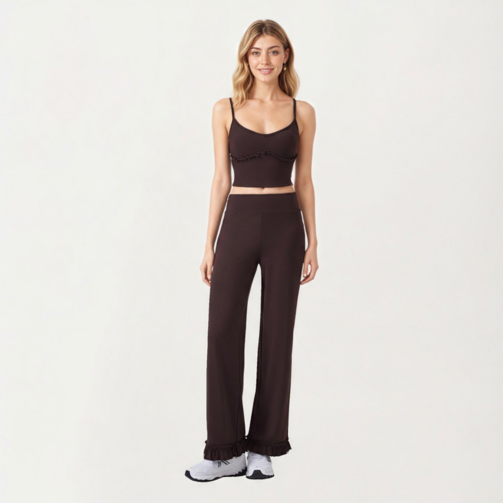 Anna-Kaci Active Women's High Waist Wide Leg Sweatpants with Ruffle Hem Detail