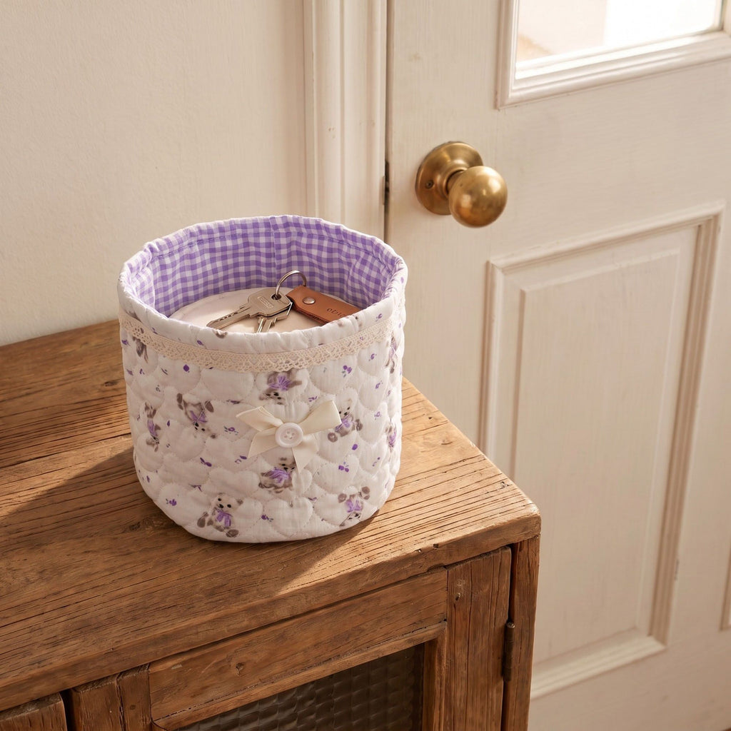 Quilted Round Fabric Storage Basket with Bow and Lace Trim