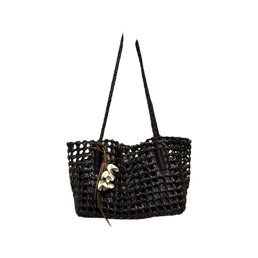 Open Weave Leather Tote Bag with Braided Shoulder Straps and Interior Zip Compartment