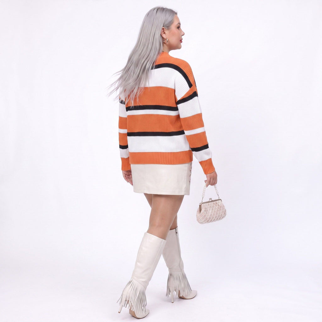Plus Size Colorblock Striped V Neck Sweater