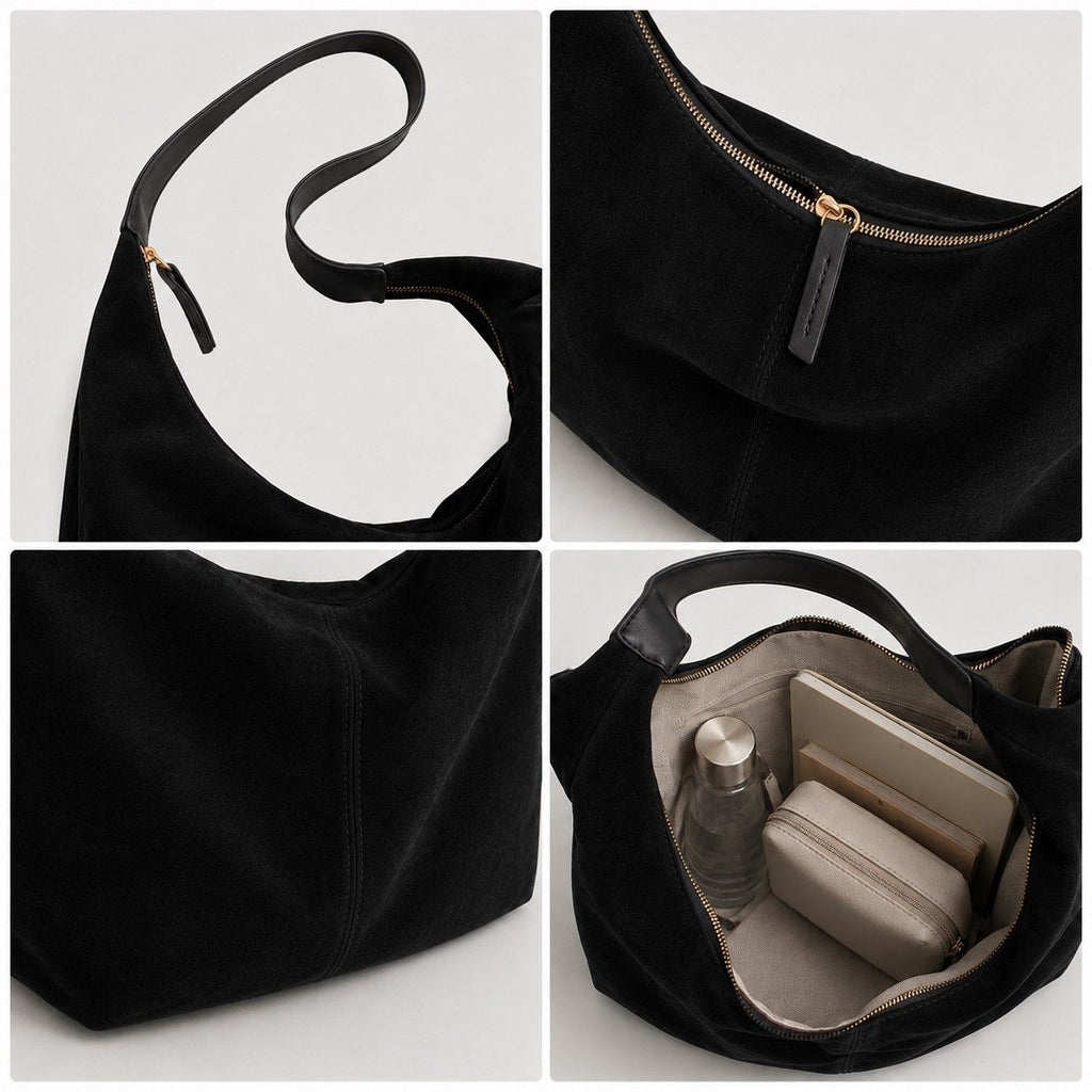 Slouchy Faux Suede Hobo Shoulder Bag with Zip Closure and Wide Strap