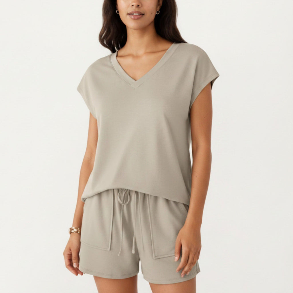 Anna-Kaci Women's 2-Piece Set Short Sleeve V Neck Top and Drawstring Shorts with Pockets Relaxed Fit Lounge Set
