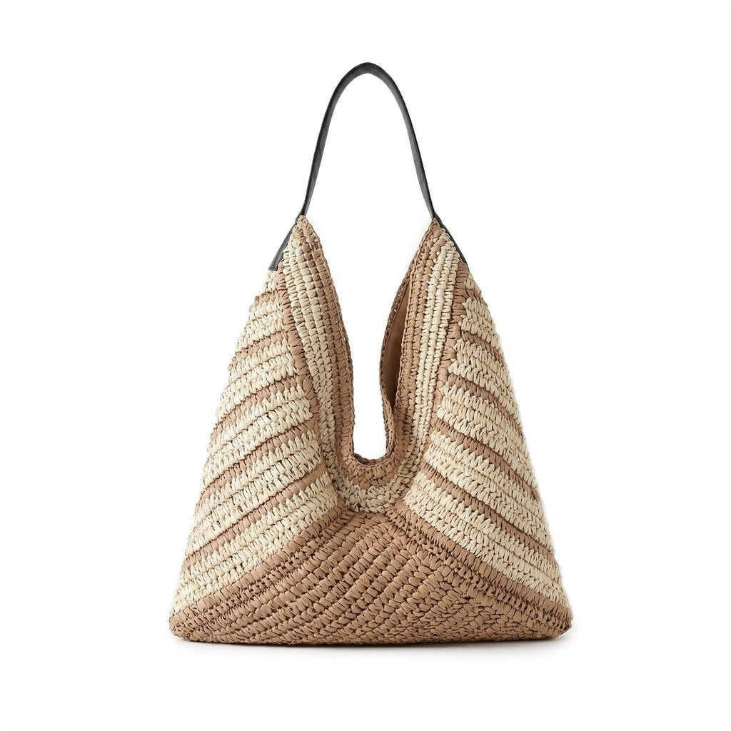 Woven Crochet Hobo Bag with Striped Pattern Slouchy Shoulder Handbag Lightweight Knit Tote