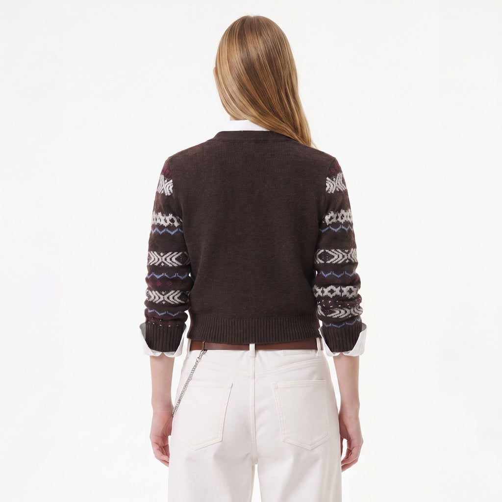 Geometric Pattern Button Front Knit Cardigan Sweater