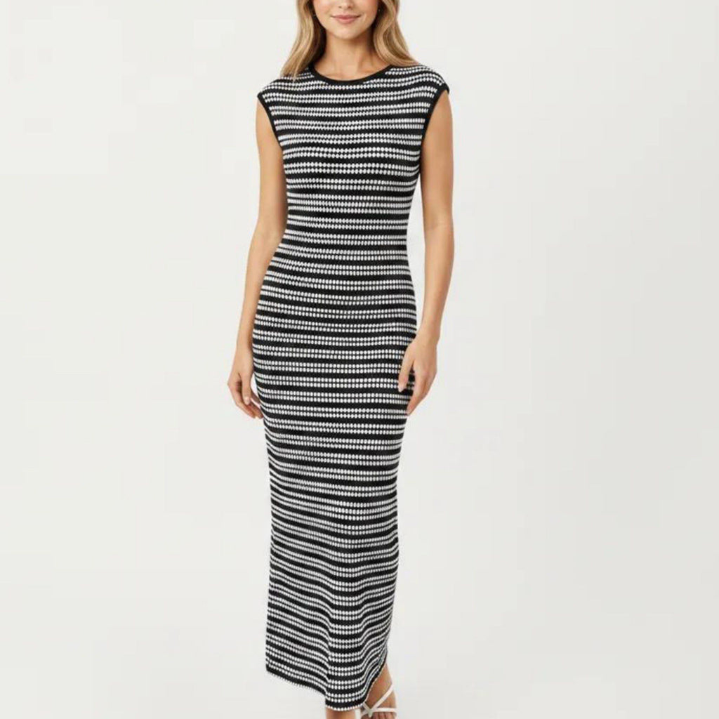 Anna-Kaci Women's Sleeveless Crew Neck Striped Knit Column Maxi Dress